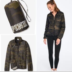 PINK Victoria’s Secret packable puffer size small green brown camouflage